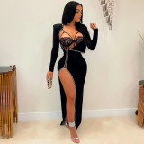 Hot Diamond Bodysuits Split Long Dress Two Piece Set NY-2286