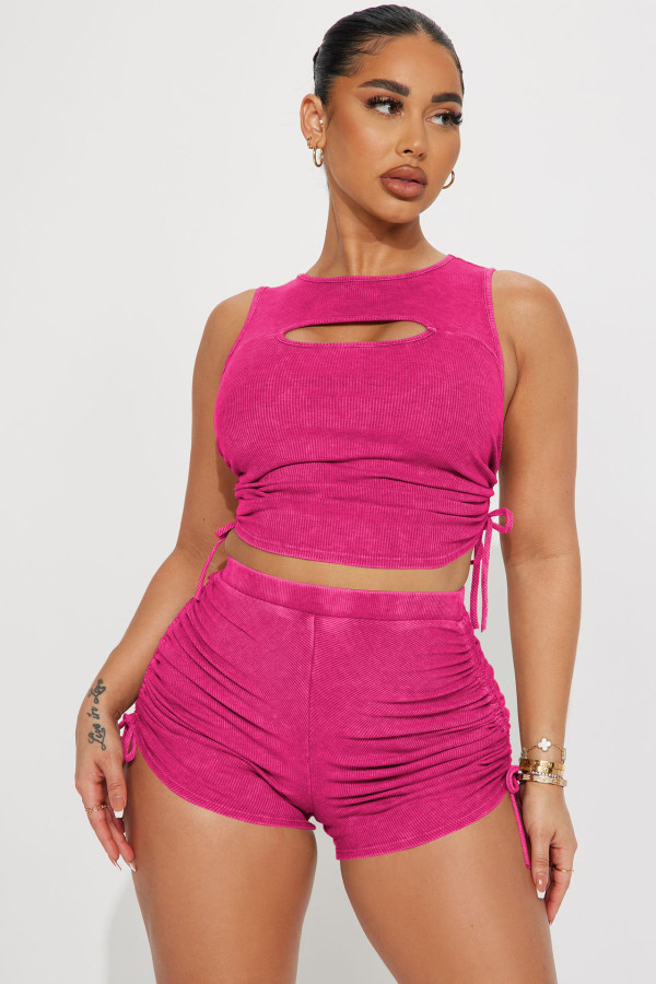 Casual Hollow Out Drawstring Two Piece Shorts Set YD-8750