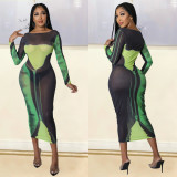 Fashion Sexy Mesh Printed Long Sleeve Midi Dress GOSD-1268