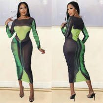 Fashion Sexy Mesh Printed Long Sleeve Midi Dress GOSD-1268