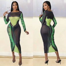 Fashion Sexy Mesh Printed Long Sleeve Midi Dress GOSD-1268