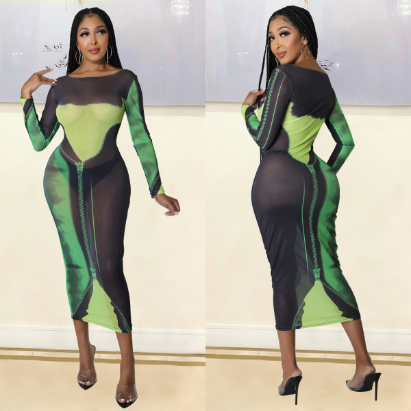 Fashion Sexy Mesh Printed Long Sleeve Midi Dress GOSD-1268
