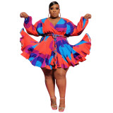 Plus Size Printed V-neck Dress With Belt OSIF-20858
