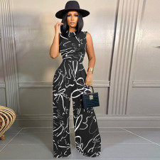 Print Sleeveless Bodysuit And Wide Leg Pants 2 Piece Set SHD-9615