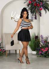 Striped Print Vest Pleated Skirt Sports Home Set CM-8686