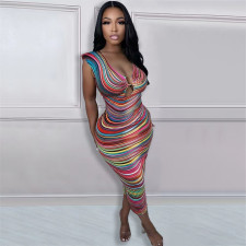 Color Print Sleeveless Sexy Midi Dress ORY-5253