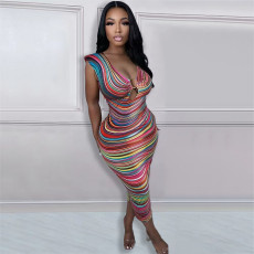 Color Print Sleeveless Sexy Midi Dress ORY-5253