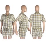 Fashion Plaid Shirts And Shorts Two Piece Set (With Waist Belt)LM-8363