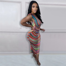 Color Print Sleeveless Sexy Midi Dress ORY-5253