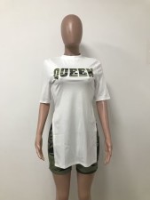 Letter Print Slim Slit Tops And Camo Shorts Two Piece Set LSD-1125