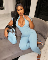 Solid Color Zipper Short Sleeve Jumpsuit XHSY-19578
