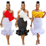 Fashion Bow Wrap Chest Midi Skirt Two Piece Set GFYX-6397
