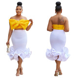 Fashion Bow Wrap Chest Midi Skirt Two Piece Set GFYX-6397