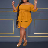 Plus Size Solid Bandage One Shoulder 2 Piece Set NY-10496