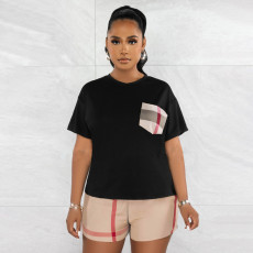 Casual Patchwork Print Plaid T Shirt Two Piece Set SFY-2322