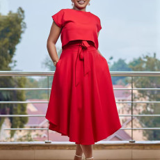 Plus Size Casual Solid Color Top Skirt Two Piece Set GATE-D376