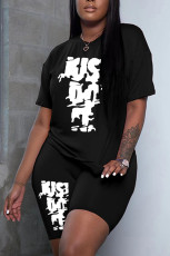 Plus Size Fashion Print O Neck Two Piece Shorts Set HGL-2031