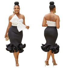 Fashion Bow Wrap Chest Midi Skirt Two Piece Set GFYX-6397