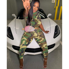 Camouflage Print Mesh Short Sleeve Two Piece Pants Set FOSF-8362