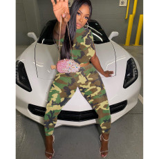 Camouflage Print Mesh Short Sleeve Two Piece Pants Set FOSF-8362