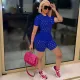 Solid Color Short Sleeve Two Piece Shorts Set TE-4590