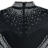 Solid Mesh Hot Drill Long Sleeve Mini Dress BY-6371