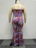 Plus Size Print Wrap Chest Flare Jumpsuit NY-2741