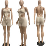 Sexy Sleeveless Halter Knits Two Piece Shorts Set TK-6292