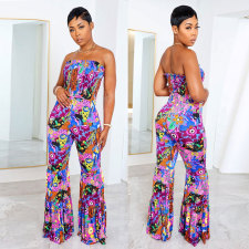 Plus Size Print Wrap Chest Flare Jumpsuit NY-2741