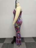 Plus Size Print Wrap Chest Flare Jumpsuit NY-2741