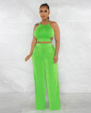 Solid Halter Cross Tie Up Tops And Wide Leg Pants 2 Piece Set XMY-9428