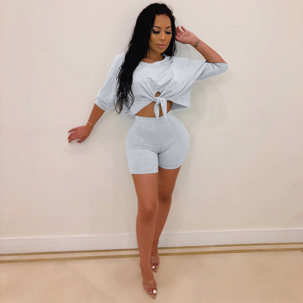 Solid Color Tie Up Crop Tops And Shorts Two Piece Set XMY-9427