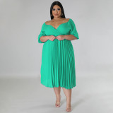Plus Size Solid Lantern Sleeve Pleated Midi Dress NNWF-7873