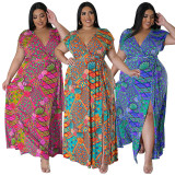Plus Size Bohemian Print V-neck Big Swing Maxi Dress NNWF-7857