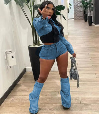 Casual Contrast Color Slim Denim Two Piece Shorts Set MEM-88494
