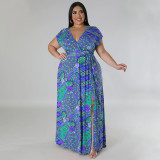 Plus Size Bohemian Print V-neck Big Swing Maxi Dress NNWF-7857
