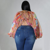 Plus Size O Neck Open Back Tied Chiffon Top NNWF-7848