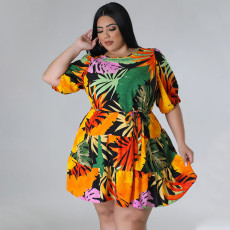 Plus Size Print Lantern Sleeve Midi Dress NNWF-7862