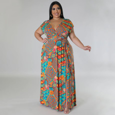 Plus Size Bohemian Print V-neck Big Swing Maxi Dress NNWF-7857