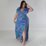 Plus Size Bohemian Print V-neck Big Swing Maxi Dress NNWF-7857