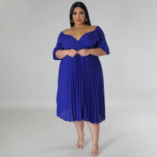 Plus Size Solid Lantern Sleeve Pleated Midi Dress NNWF-7873