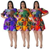 Plus Size Print Lantern Sleeve Midi Dress NNWF-7862
