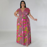 Plus Size Bohemian Print V-neck Big Swing Maxi Dress NNWF-7857
