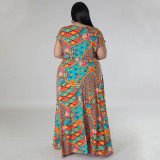 Plus Size Bohemian Print V-neck Big Swing Maxi Dress NNWF-7857