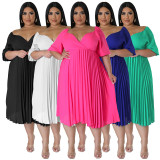 Plus Size Solid Lantern Sleeve Pleated Midi Dress NNWF-7873
