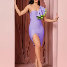 Plus Size Solid Ruffle Slash Shoulder Slit Mini Dress MEI-9312