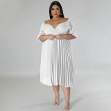 Plus Size Solid Lantern Sleeve Pleated Midi Dress NNWF-7873