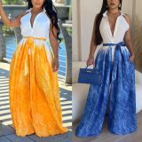 Plus Size Fashion Print Tie Up Loose Jumpsuit NY-10490