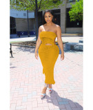 Solid Wrap Chest Tie Up Backless Top Knits Two Piece Skirts Set QXTF-8170