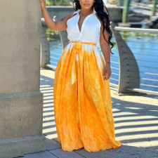 Plus Size Fashion Print Tie Up Loose Jumpsuit NY-10490